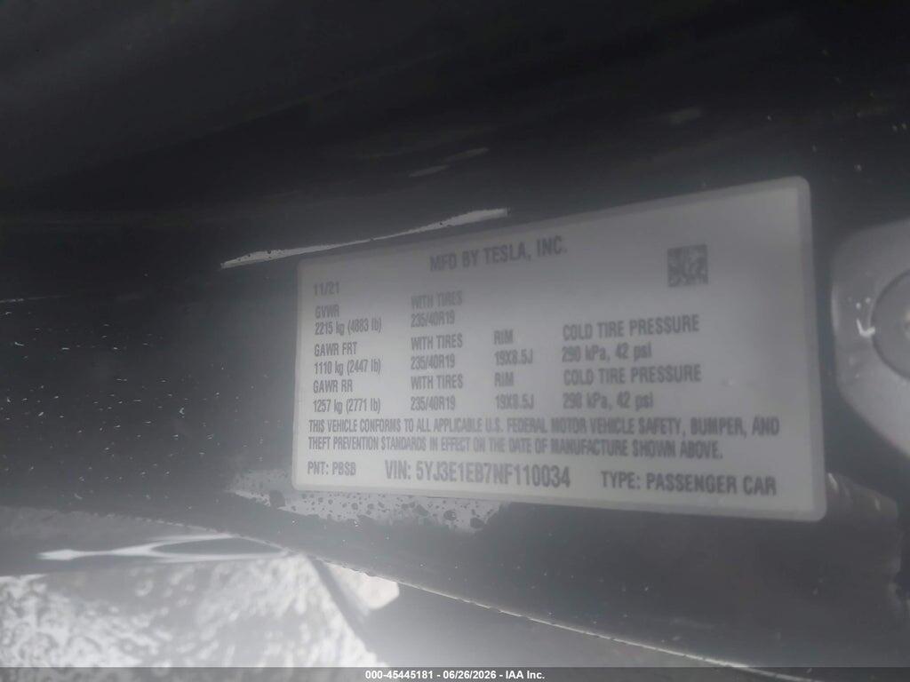 5YJ3E1EB7NF110034 2022 TESLA MODEL 3 photo no. 9