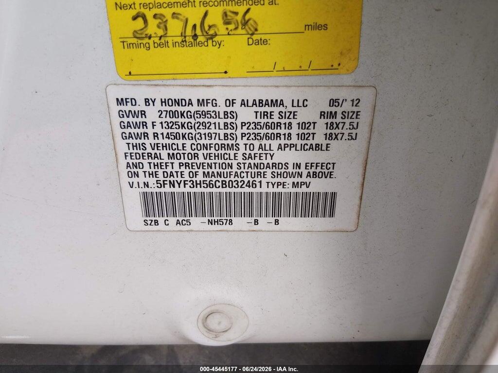 5FNYF3H56CB032461 2012 HONDA PILOT photo no. 9
