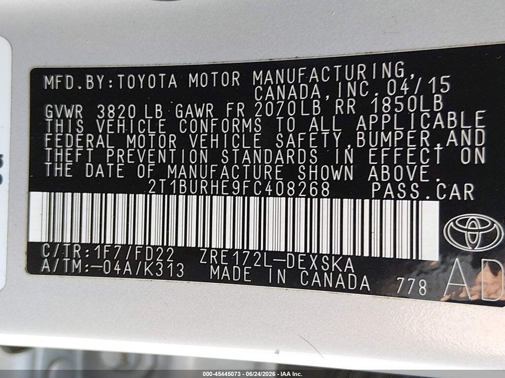 2T1BURHE9FC408268 2015 TOYOTA COROLLA photo no. 9