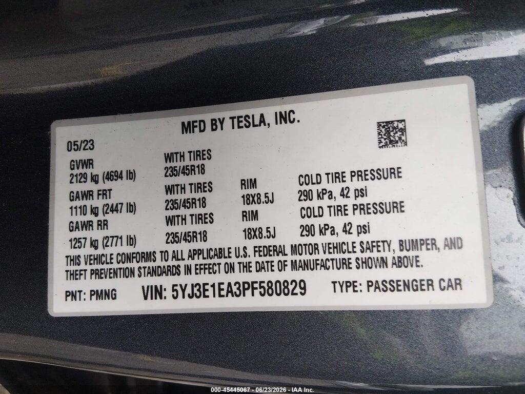 5YJ3E1EA3PF580829 2023 TESLA MODEL 3 photo no. 9