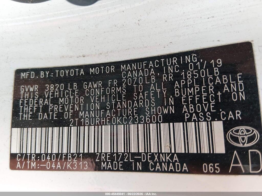 2T1BURHE0KC233600 2019 TOYOTA COROLLA photo no. 9