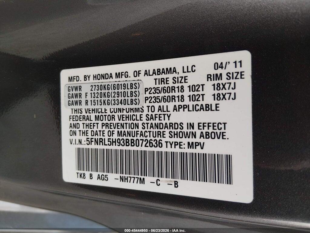 5FNRL5H93BB072636 2011 HONDA ODYSSEY photo no. 9