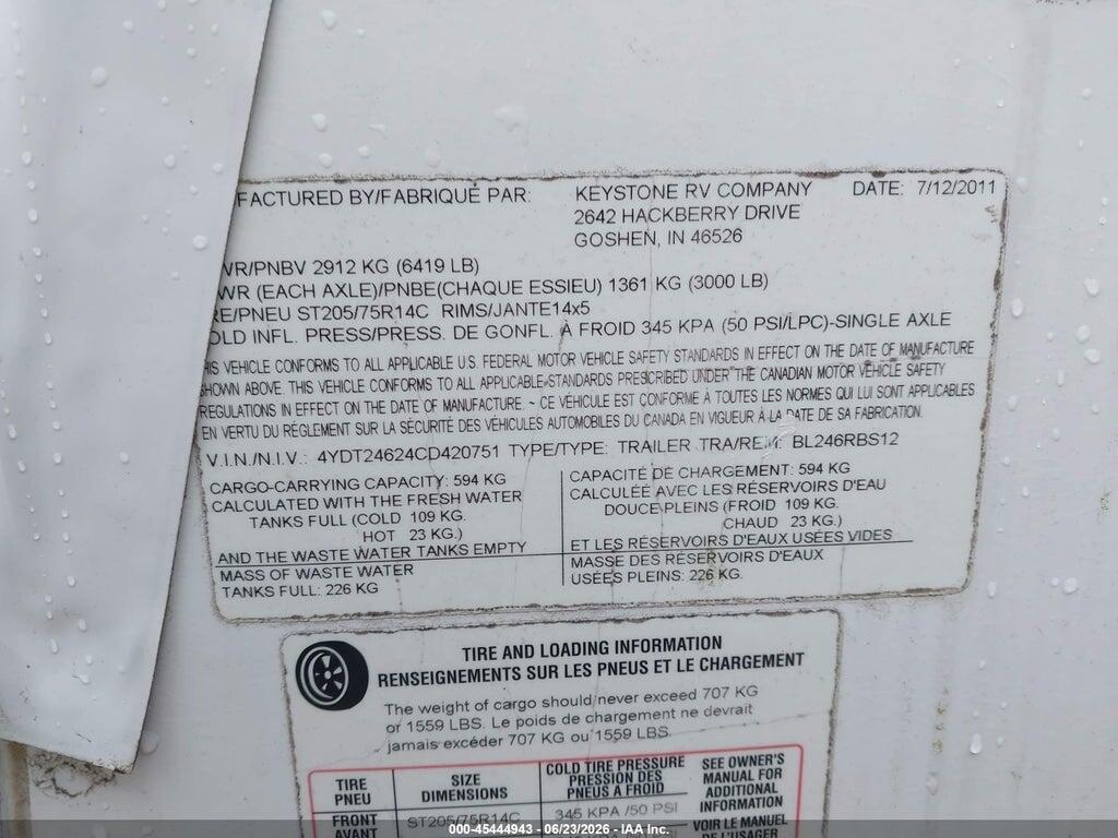 4YDT24624CD420751 2012 KEYSTONE BULLET 246RBS TRAVEL TRAILER photo no. 9