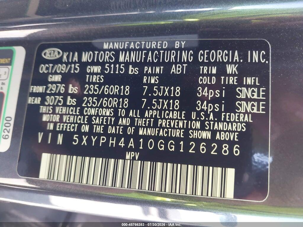 5XYPH4A10GG126286 2016 KIA SORENTO photo no. 9