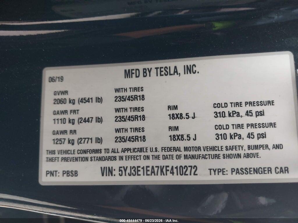 5YJ3E1EA7KF410272 2019 TESLA MODEL 3 photo no. 9
