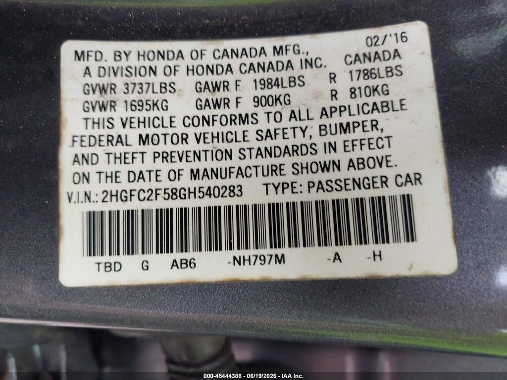 2HGFC2F58GH540283 2016 HONDA CIVIC photo no. 9