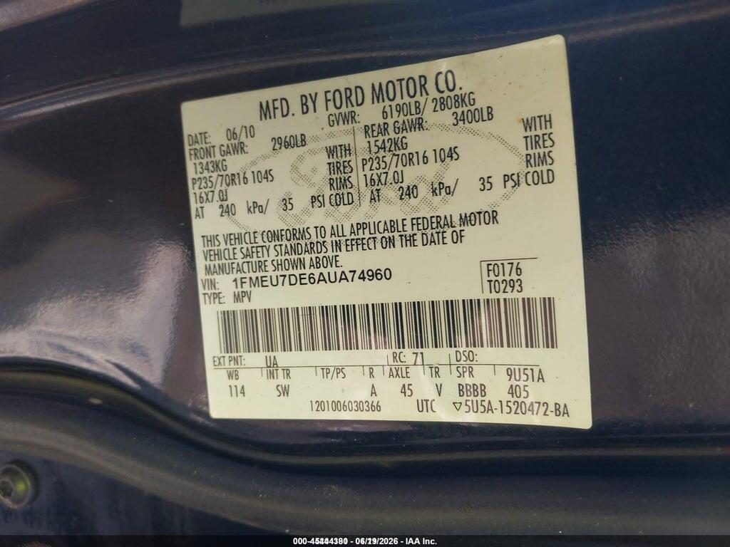 1FMEU7DE6AUA74960 2010 FORD EXPLORER photo no. 9