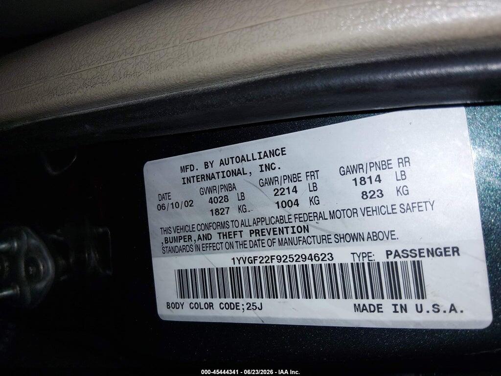 1YVGF22F925294623 2002 MAZDA 626 photo no. 9