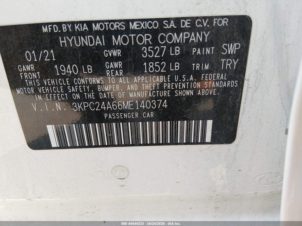 3KPC24A66ME140374 2021 HYUNDAI ACCENT photo no. 9