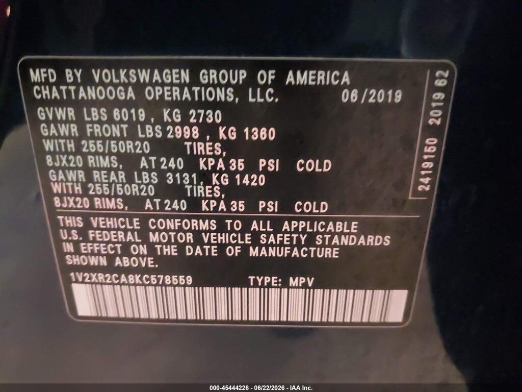 1V2XR2CA8KC578559 2019 VOLKSWAGEN ATLAS photo no. 9