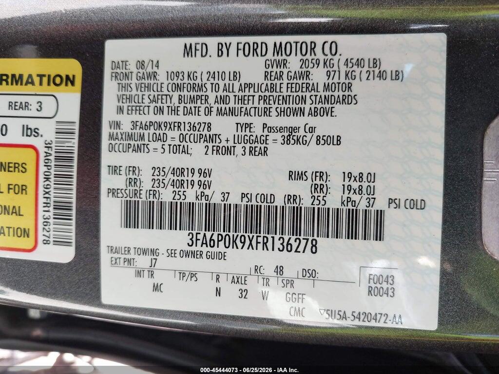 3FA6P0K9XFR136278 2015 FORD FUSION photo no. 9