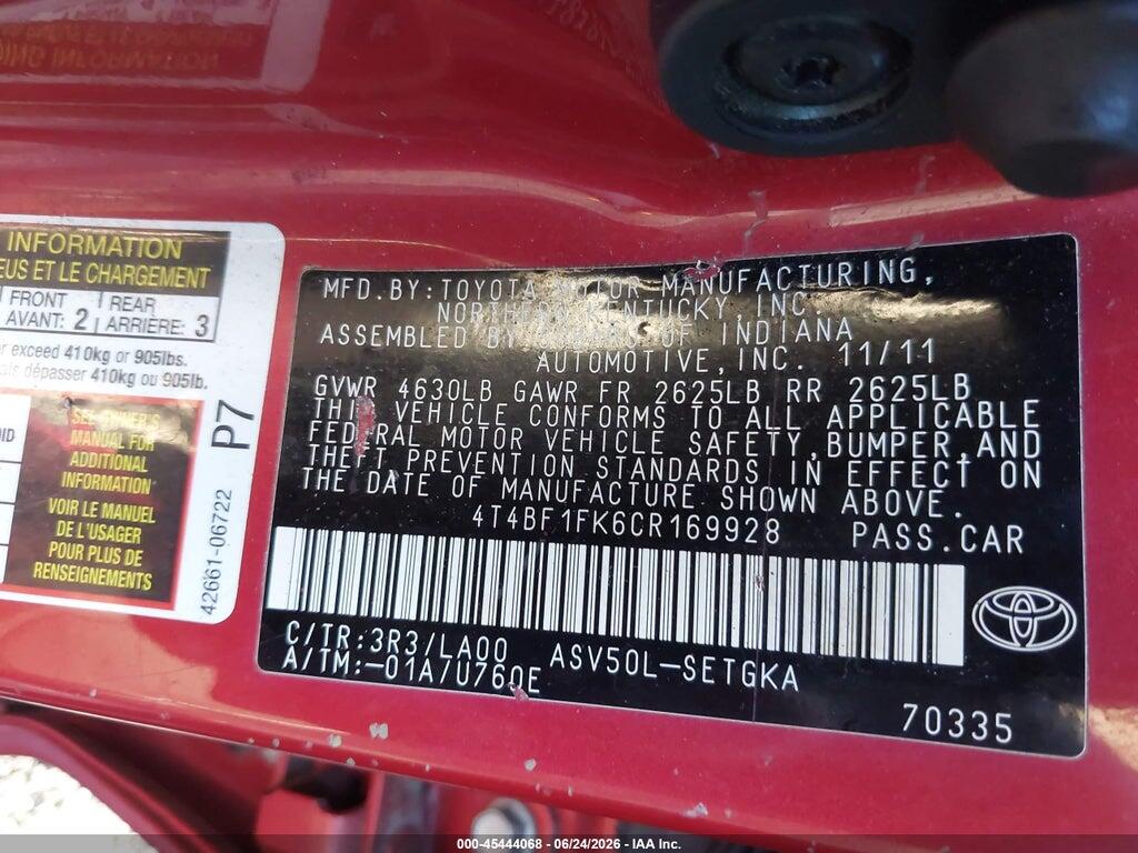 4T4BF1FK6CR169928 2012 TOYOTA CAMRY photo no. 9