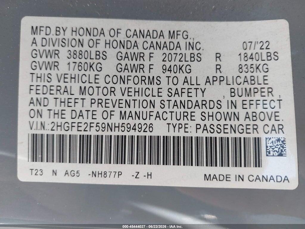 2HGFE2F59NH594926 2022 HONDA CIVIC photo no. 9