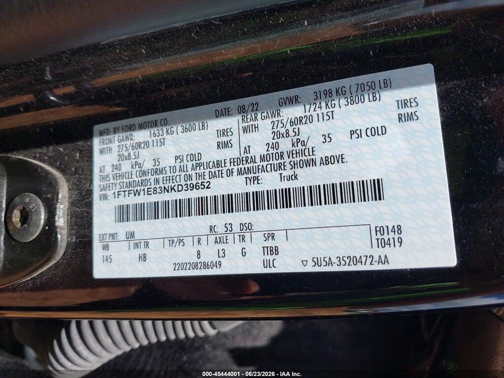 1FTFW1E83NKD39652 2022 FORD F-150 photo no. 9