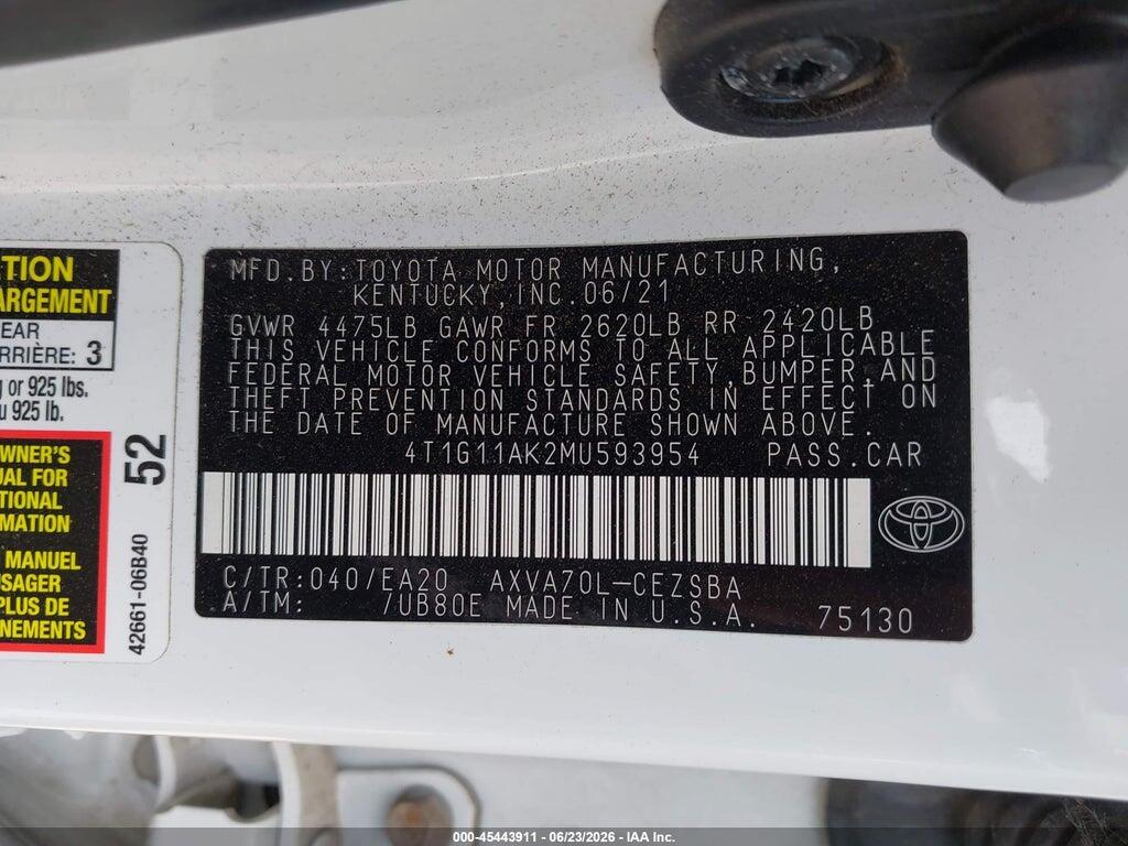 4T1G11AK2MU593954 2021 TOYOTA CAMRY photo no. 9