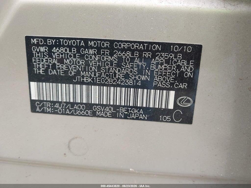 JTHBK1EG2B2423814 2011 LEXUS ES 350 photo no. 9