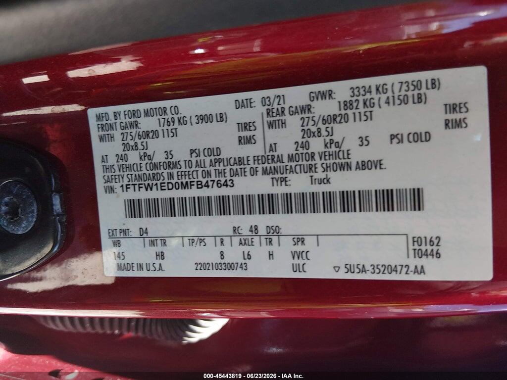 1FTFW1ED0MFB47643 2021 FORD F-150 photo no. 9