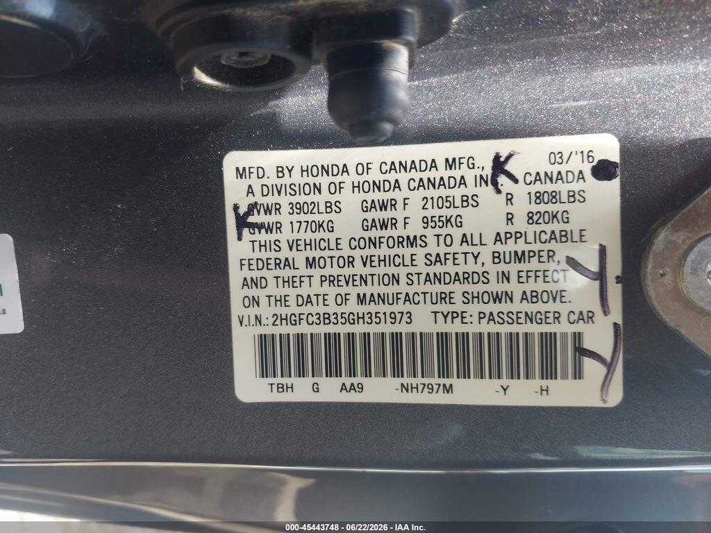 2HGFC3B35GH351973 2016 HONDA CIVIC photo no. 9