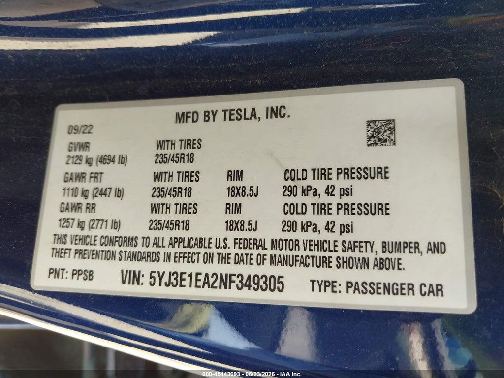 5YJ3E1EA2NF349305 2022 TESLA MODEL 3 photo no. 9