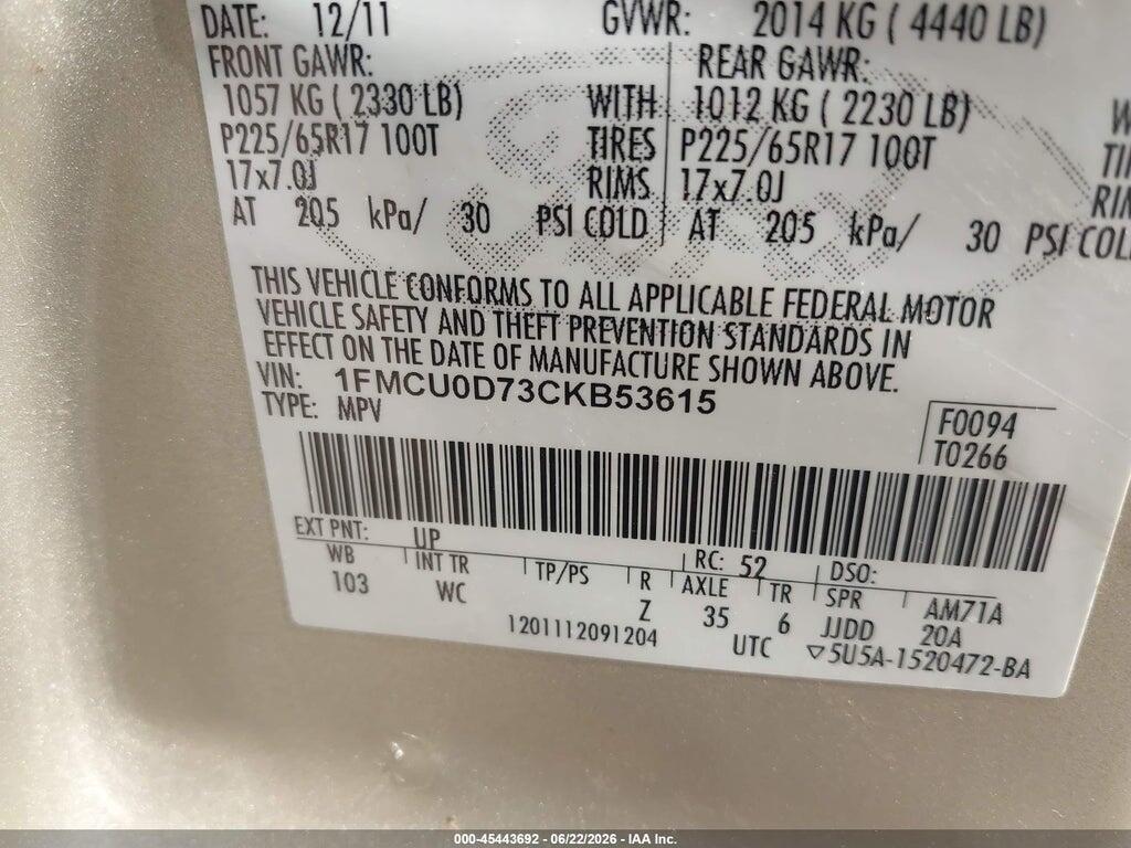 1FMCU0D73CKB53615 2012 FORD ESCAPE photo no. 9