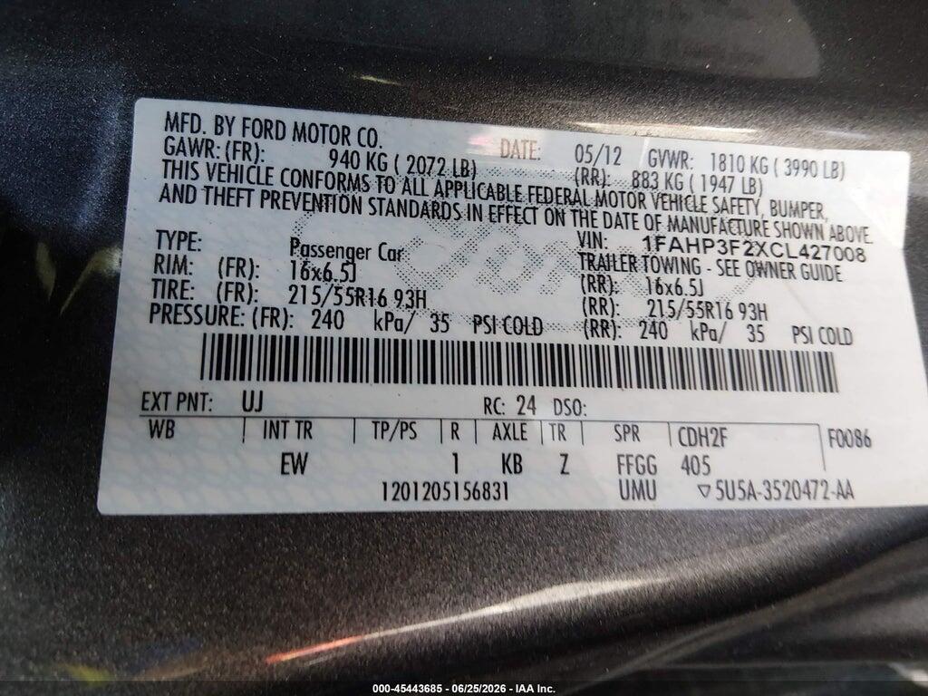 1FAHP3F2XCL427008 2012 FORD FOCUS photo no. 9
