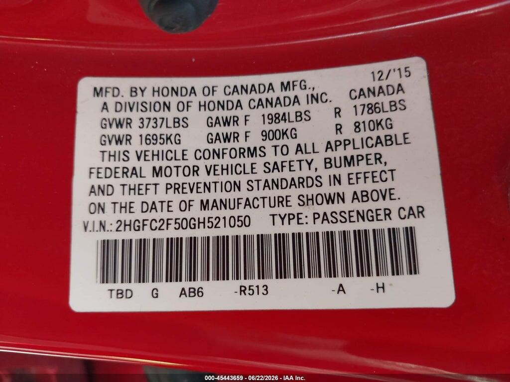 2HGFC2F50GH521050 2016 HONDA CIVIC photo no. 9