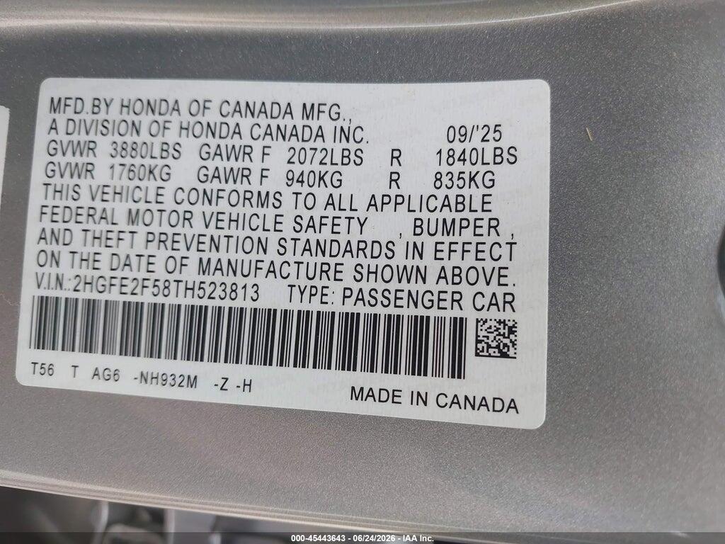 2HGFE2F58TH523813 2026 HONDA CIVIC photo no. 9