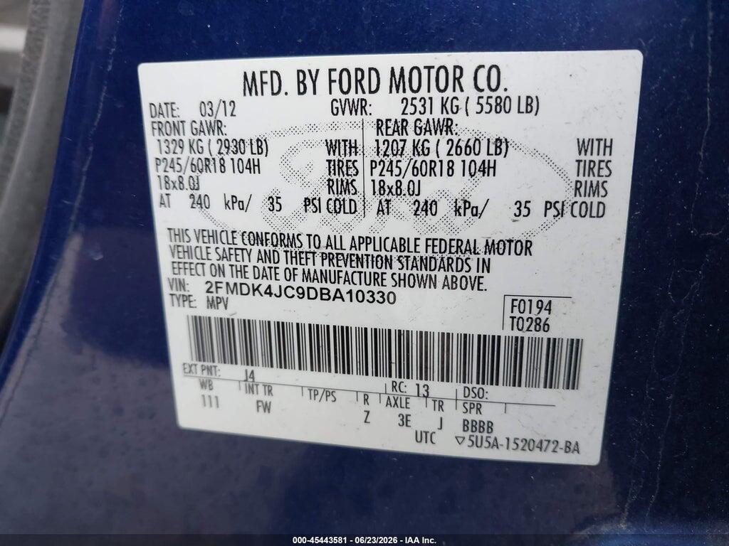 2FMDK4JC9DBA10330 2013 FORD EDGE photo no. 9