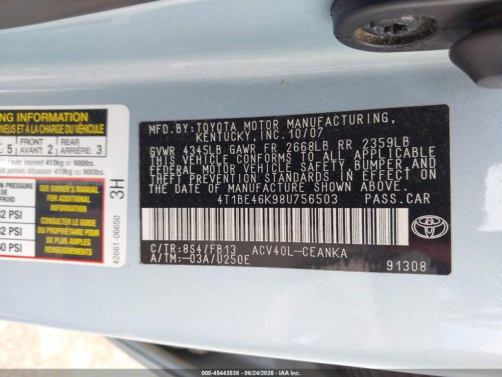 4T1BE46K98U756503 2008 TOYOTA CAMRY photo no. 9