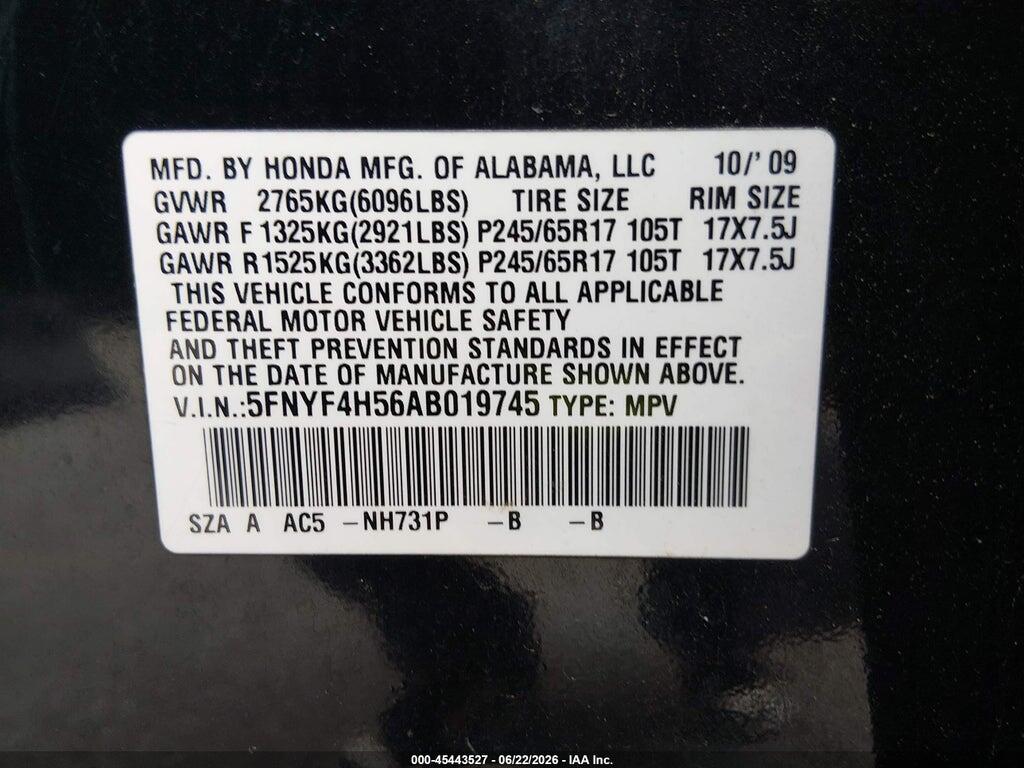 5FNYF4H56AB019745 2010 HONDA PILOT photo no. 9