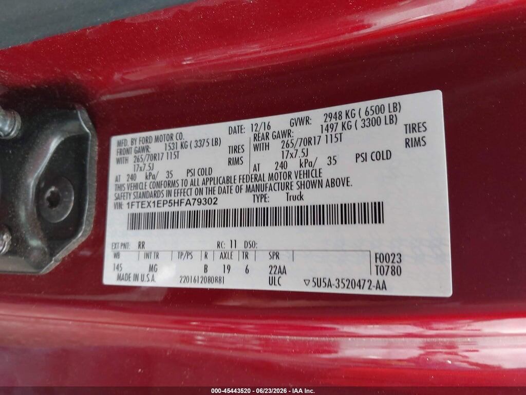 1FTEX1EP5HFA79302 2017 FORD F-150 photo no. 9