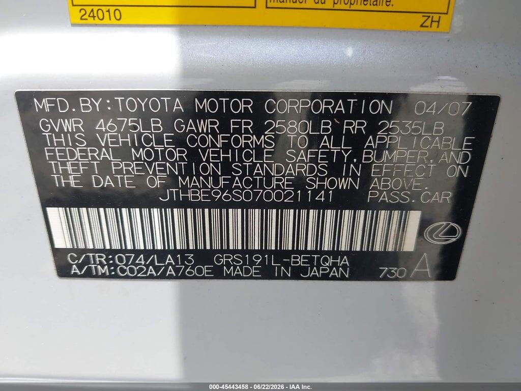 JTHBE96S070021141 2007 LEXUS GS 350 photo no. 9