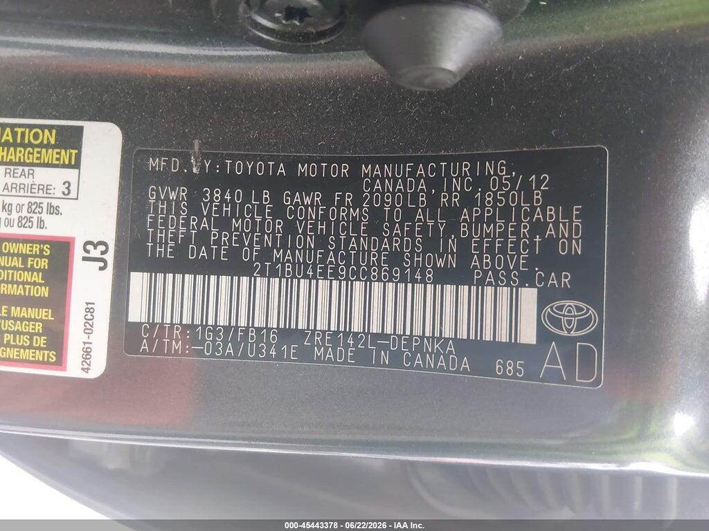 2T1BU4EE9CC869148 2012 TOYOTA COROLLA photo no. 9