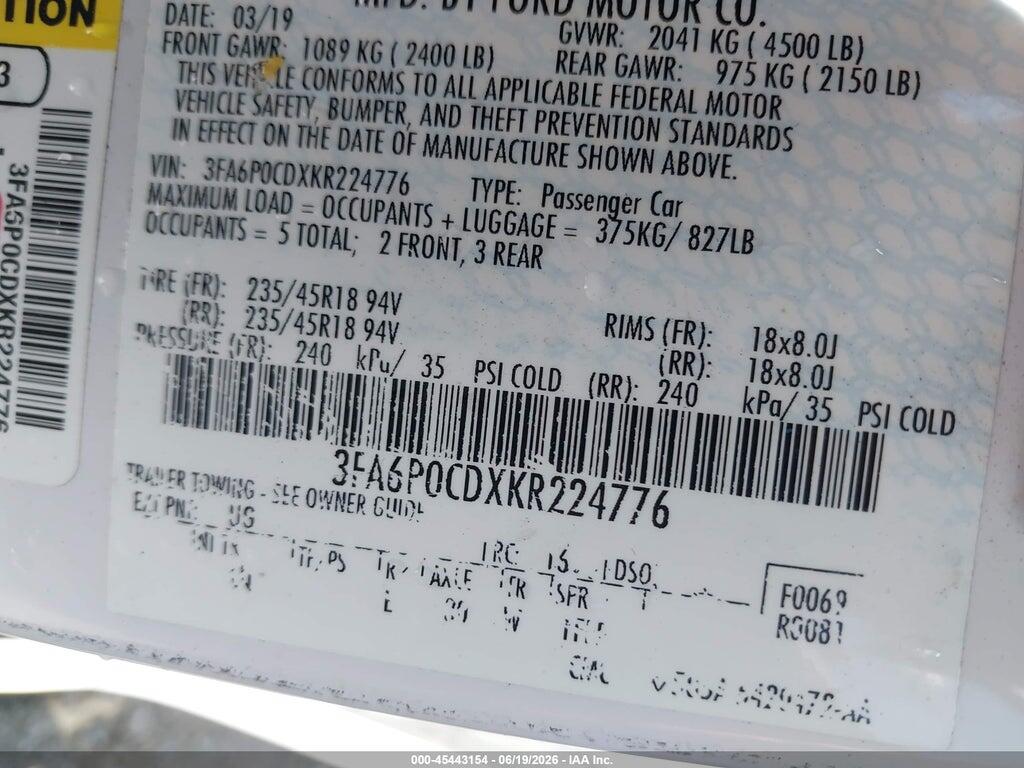 3FA6P0CDXKR224776 2019 FORD FUSION photo no. 9