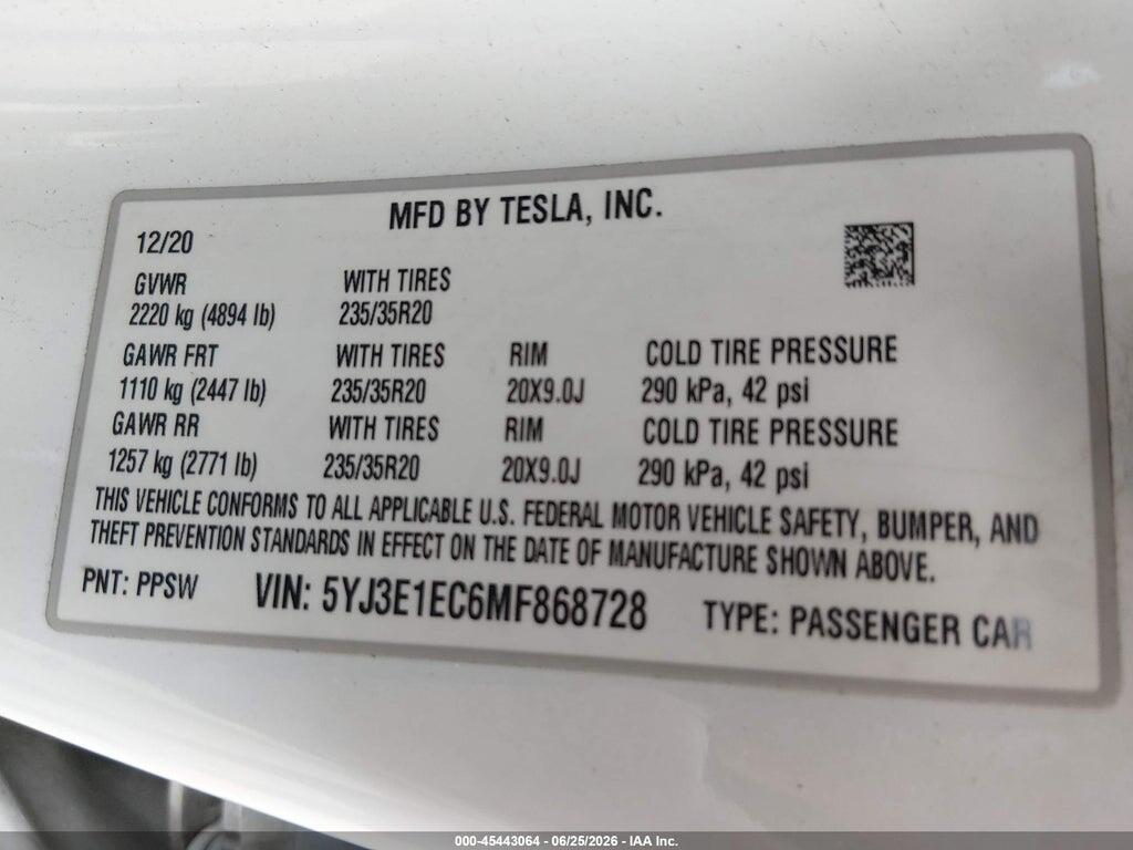 5YJ3E1EC6MF868728 2021 TESLA MODEL 3 photo no. 9