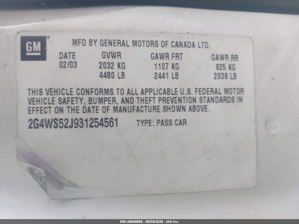2G4WS52J931254561 2003 BUICK CENTURY photo no. 9