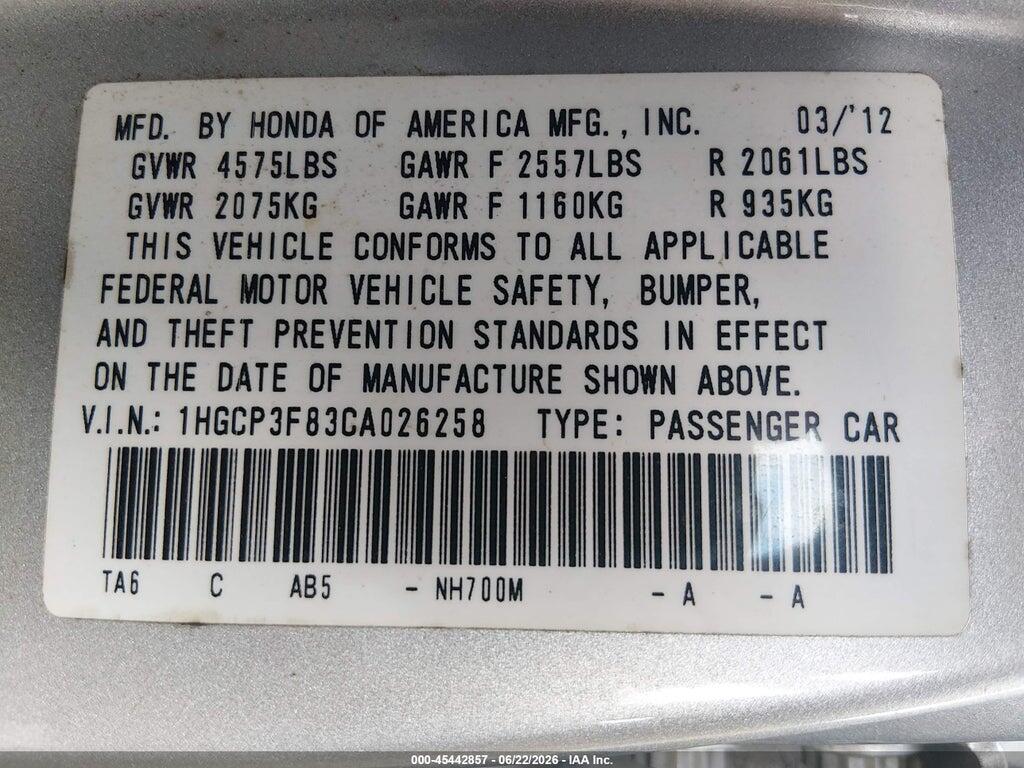 1HGCP3F83CA026258 2012 HONDA ACCORD photo no. 9
