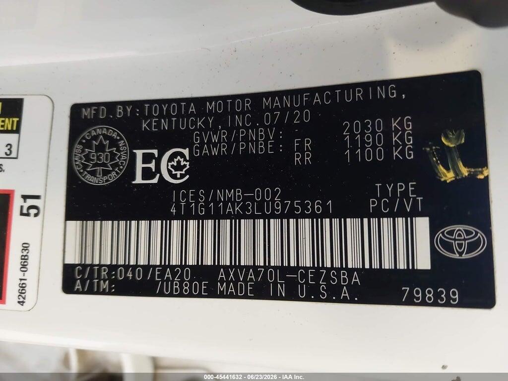 4T1G11AK3LU975361 2020 TOYOTA CAMRY photo no. 9