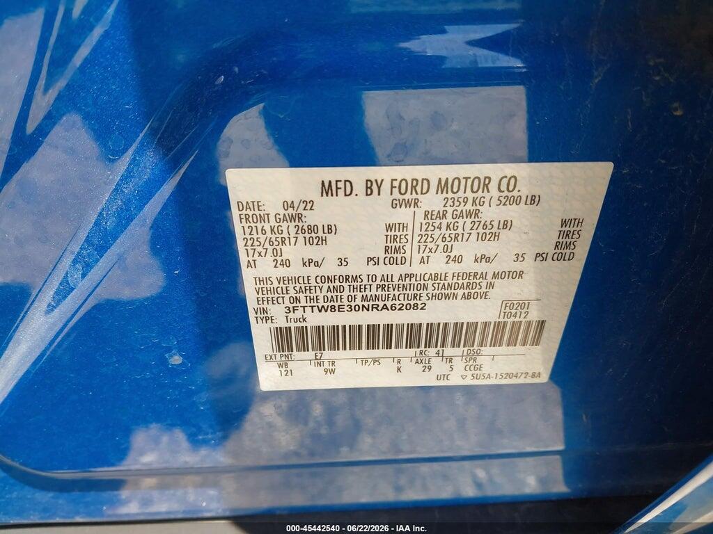 3FTTW8E30NRA62082 2022 FORD MAVERICK photo no. 9
