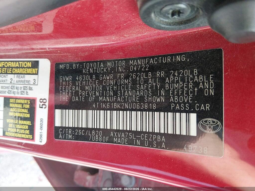 4T1K61BK2NU063818 2022 TOYOTA CAMRY photo no. 9