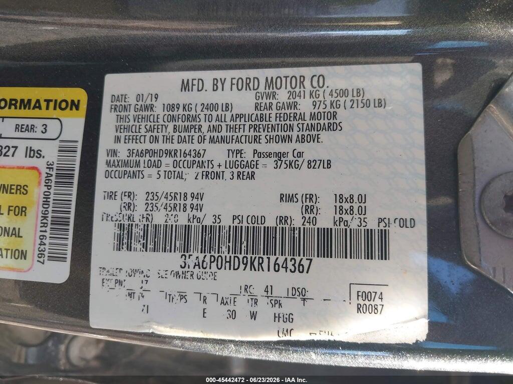 3FA6P0HD9KR164367 2019 FORD FUSION photo no. 9