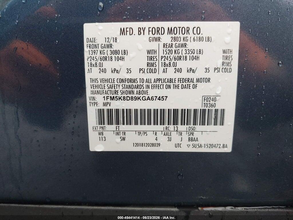 1FM5K8D89KGA67457 2019 FORD EXPLORER photo no. 9