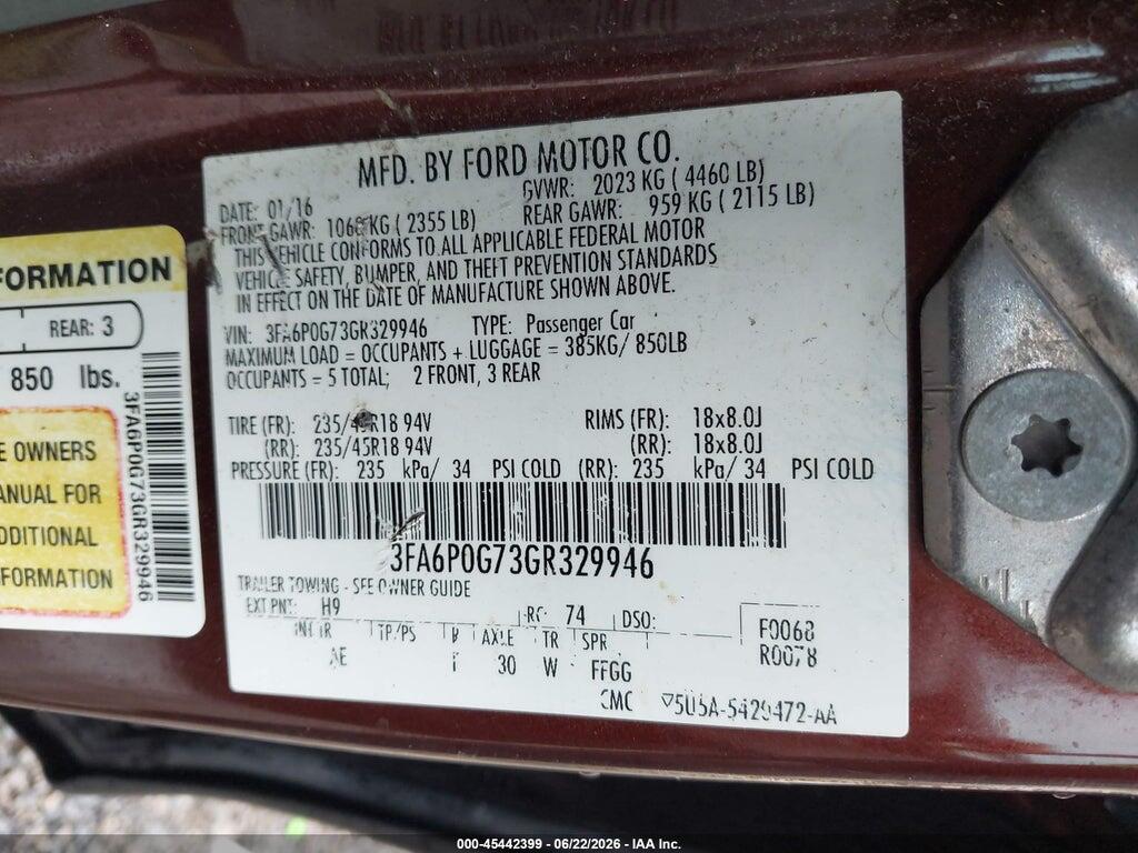 3FA6P0G73GR329946 2016 FORD FUSION photo no. 9