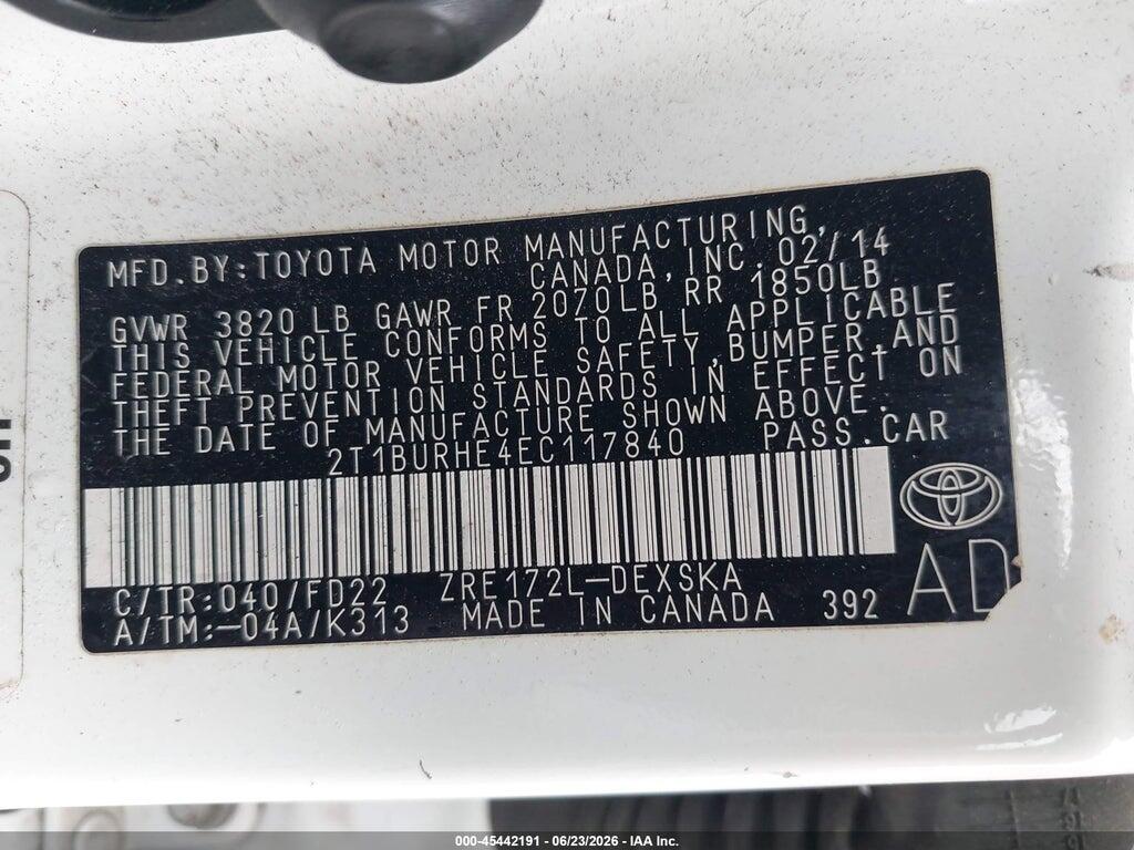 2T1BURHE4EC117840 2014 TOYOTA COROLLA photo no. 9