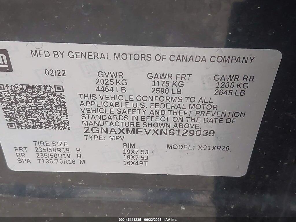 2GNAXMEVXN6129039 2022 CHEVROLET EQUINOX photo no. 9
