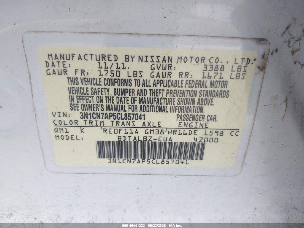 3N1CN7AP5CL857041 2012 NISSAN VERSA photo no. 9