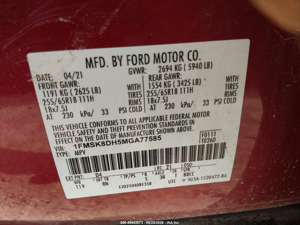 1FMSK8DH5MGA77585 2021 FORD EXPLORER photo no. 9