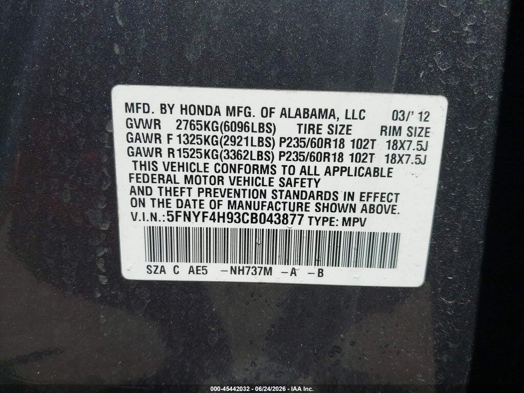 5FNYF4H93CB043877 2012 HONDA PILOT photo no. 9