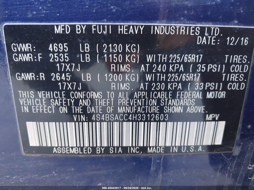 4S4BSACC4H3312603 2017 SUBARU OUTBACK photo no. 9