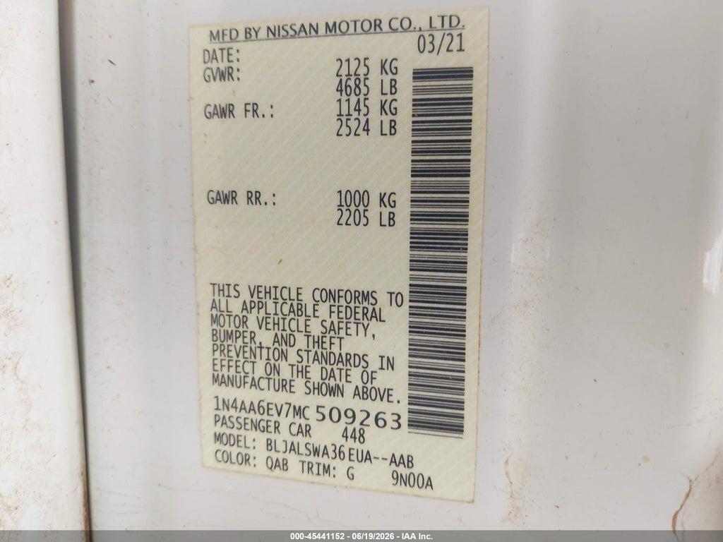 1N4AA6EV7MC509263 2021 NISSAN MAXIMA photo no. 9